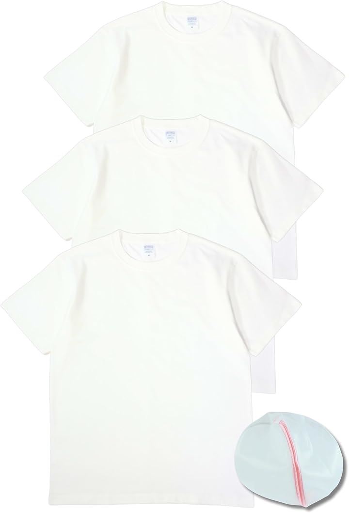 Tシャツ メンズ 厚手 綿100％ 半袖 クルーネック 無地 白 黒 ヘビーウェイト ３枚組 洗濯ネット付き ２ＸＬ( ホワイト, 2XL)