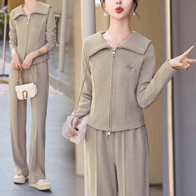 ハイエンドのカスタマイズ-女性のためのカジュアルスポーツウェアスーツ 2024 春の新スタイルルーズでスリムなラペルカーディガンワイドレッグパンツ気質 2 点セット