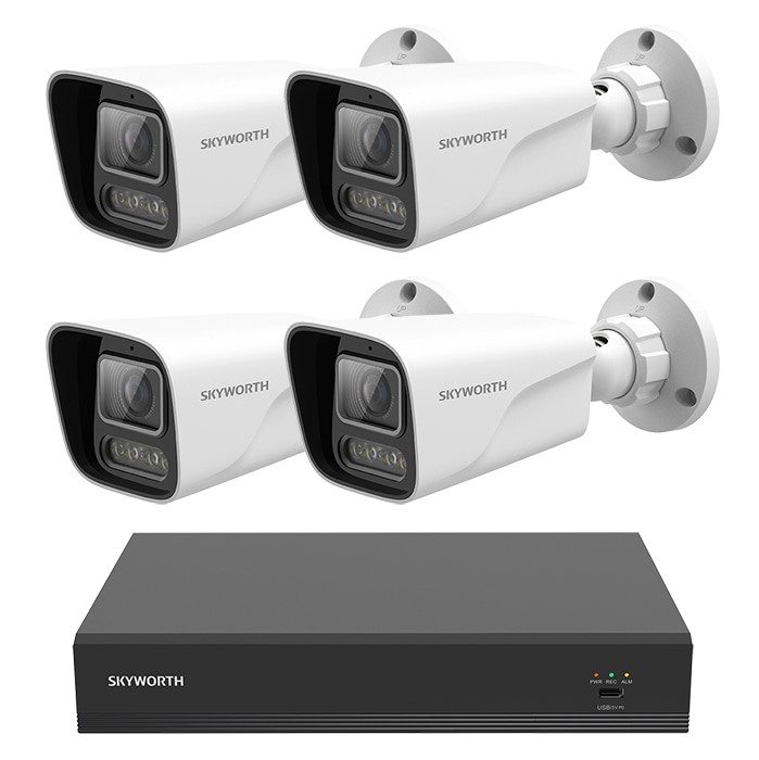 防犯カメラ4台 8チャンネルPOE録画機1台セット 4台500万画素 カラー超暗視 有線接続 増設可能 SKYWORTH