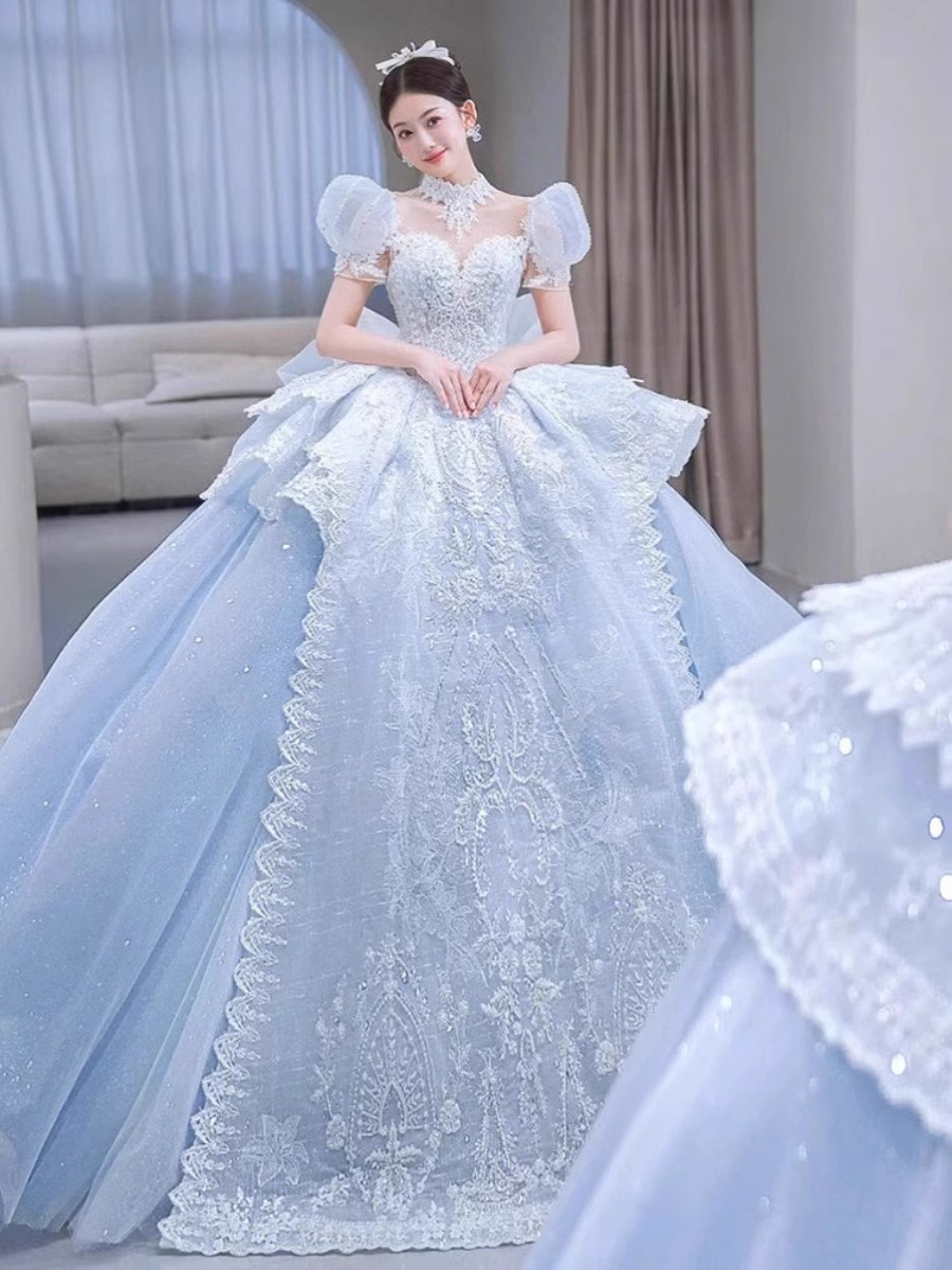 青いウェディングドレス2023新婦小柄なお姫様の贅沢な質感重工業大曳尾主ウェディングドレス