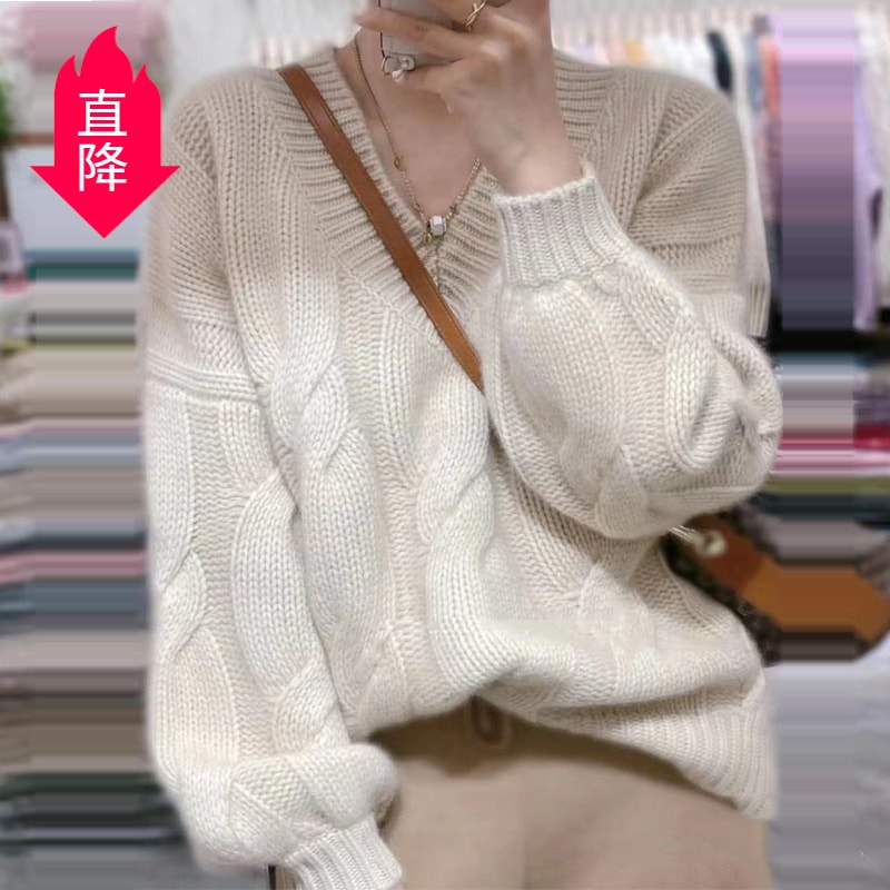 重型ヨーロッパの柔らかいモチモチのカシミヤのシャツのvネックの麻の花の厚いセーターの長袖のゆったりしているニットは暖かくて冬を着ます
