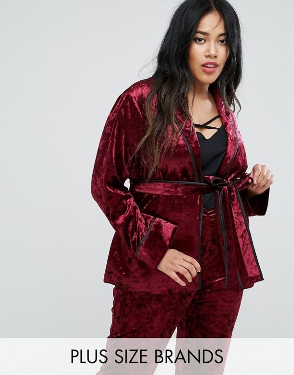 Truly You レディース 大きめサイズ ゆったりサイズ 送料無料 Burgundy Premium Crushed Velvet Tie Waist Suit Top