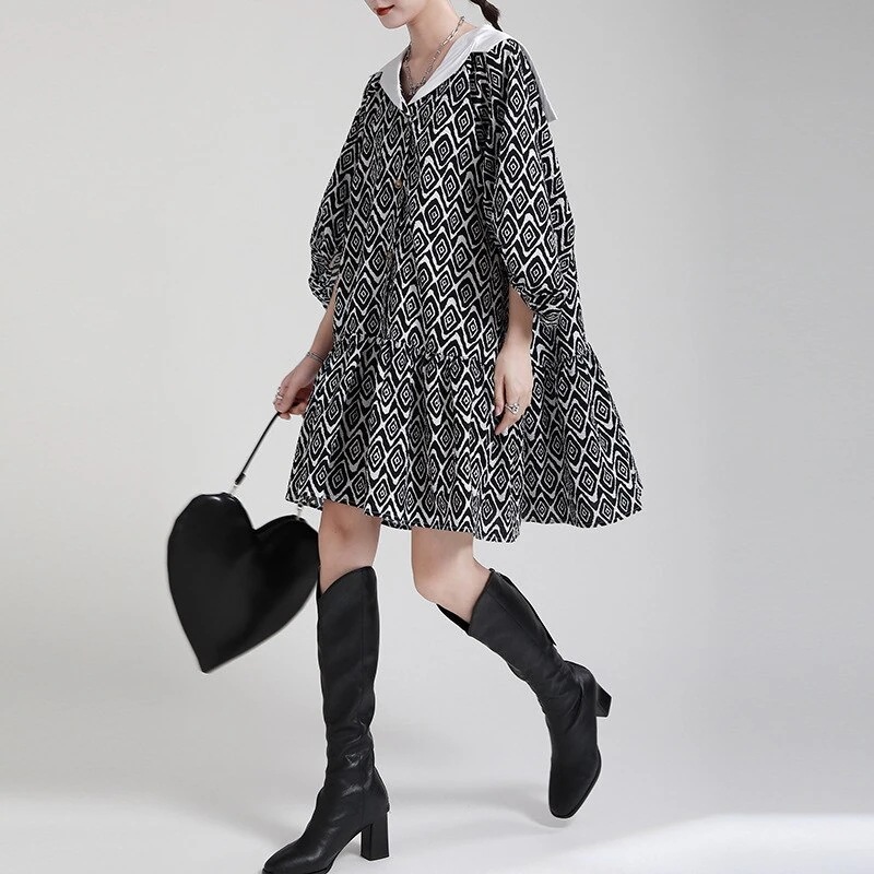可愛い大きいサイズ愛されドッキングワンピース着痩せワンピースプリントセミロング丈ドレス