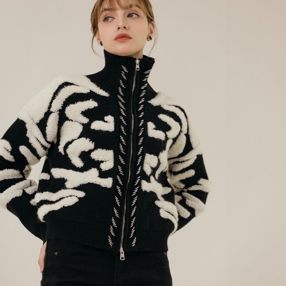 (Max Cartiggio) ウール混ビーズ柄ジップアップジャンパー