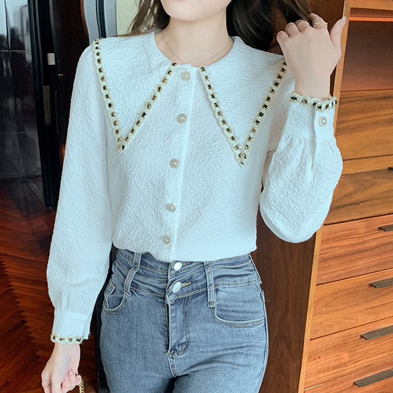 ビックカラーブラウス トップス シャツ ブラウス 袖あり 長袖 襟付き 前開き かわいい 大人可愛い きれいめ シンプル カジュアル 大人 上品 おしゃれ お洒落 大人可愛い 大人女子 こなれ感 ラフ