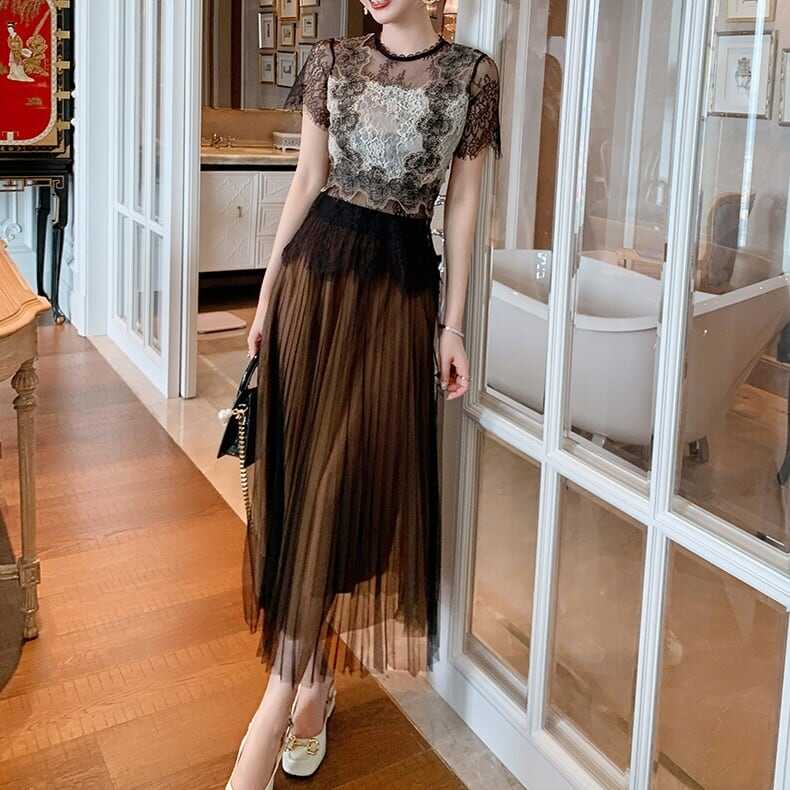 セットアップ 上着 2点セット クロップ丈 トップス ブラウス 半袖 メッシュ スカート プリーツ チュール 透け感 レトロ ショート丈 膝上 クルーネック 上下セット 2点セット ツーピース lsu