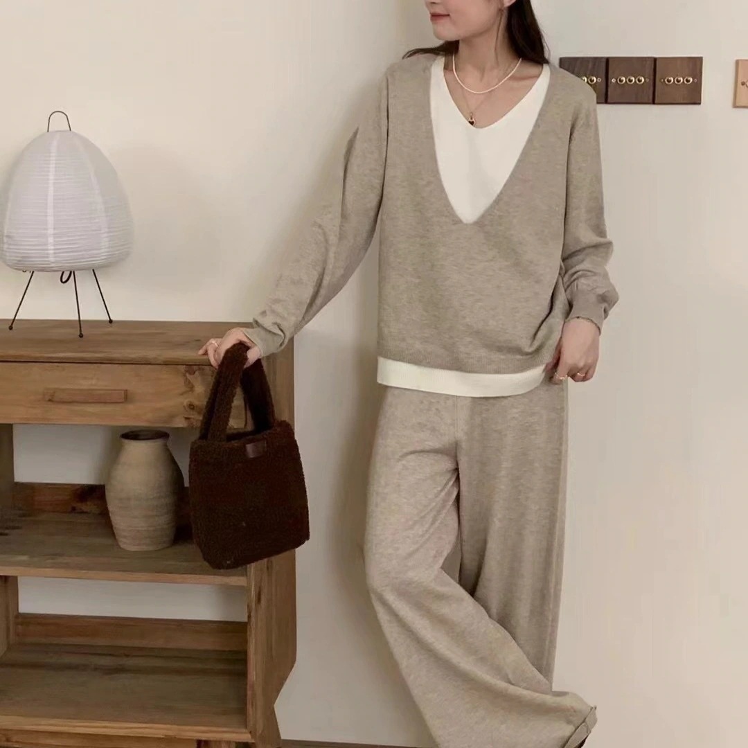 【急速出荷】【2枚購入で 2oo円OFF!】高級感 人気なリプニット 二点セット 秋冬 新作 フェイクレイヤード レディースセットアップ カジュアルゆったり 通勤 ニット アウター 上下セット ニット