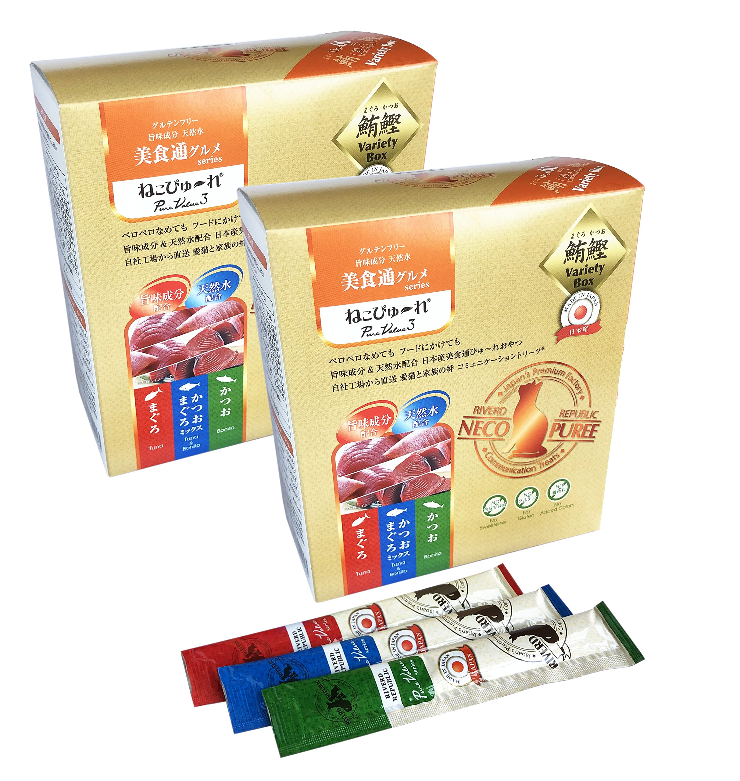 日本産 猫用おやつ ねこぴゅーれ 美食通グルメ PureValue3 鮪鰹 バラエティボックス 120本入(20本×3種×2箱)