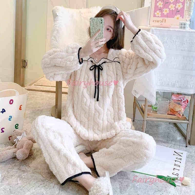 大人気商品パジャマ モコモコウェア レディース 冬 長袖パジャマ リボン可愛い無地 フランネルウェア 暖かい 上下セット 厚手 部屋着 ゆったり韓国風 オシャレ