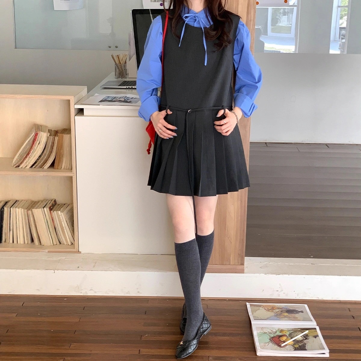 秋冬学院風 若見えストライプ ノースリーブワンピース 韓国フレアベストスカートAラインワンピ