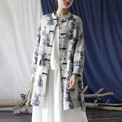 オリジナル秋レトロエスニック仕立て旧スタンドカラーバックル婦人服コートゆったり長袖コート