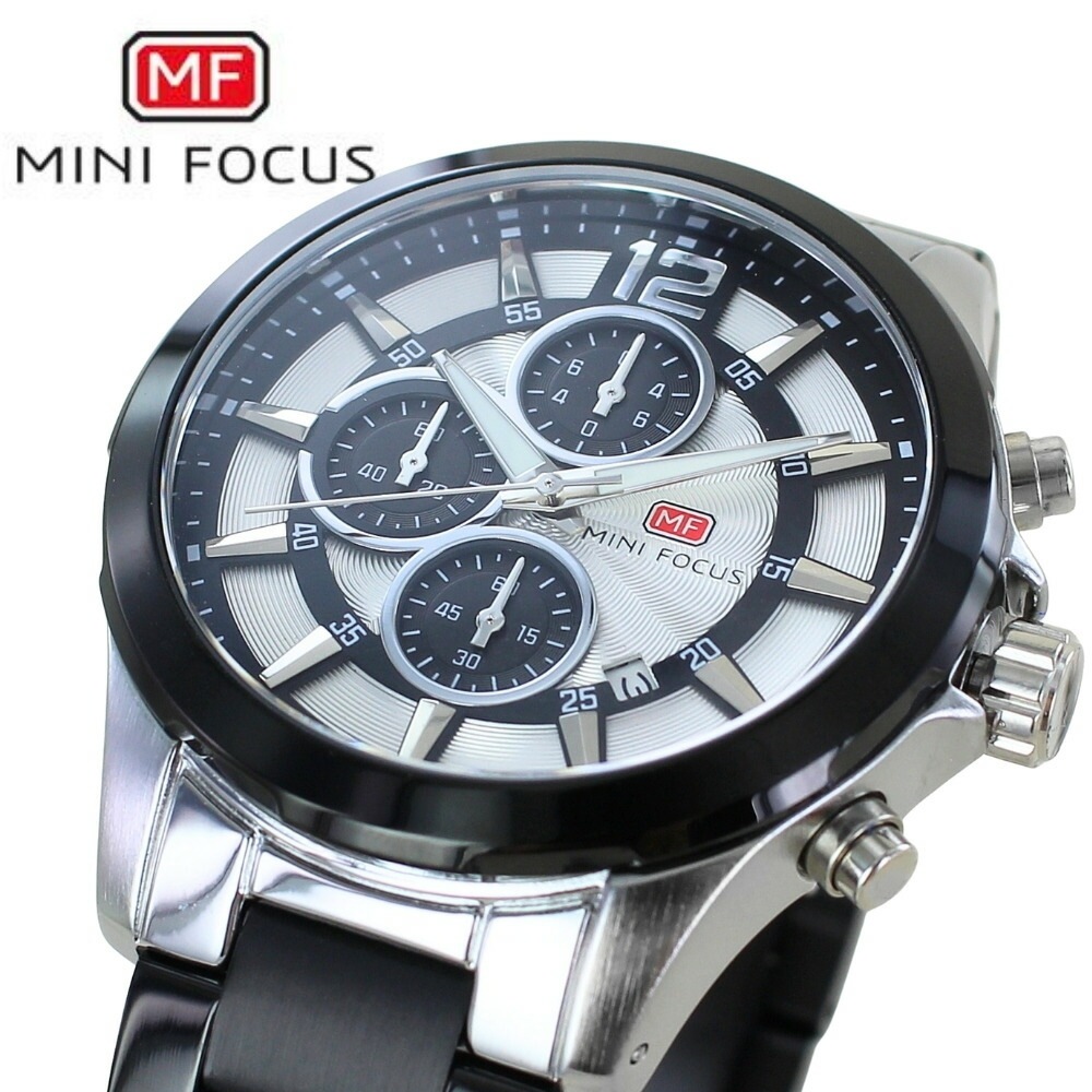 正規品 MINI FOCUS メンズ腕時計 クロノグラフ クォーツ 日付表示 ステンレスバンド かっこいい 腕時計 手表 メンズ 父の日 ブラック シルバー 高級感 おしゃれ ビジネス 大人 カジュア