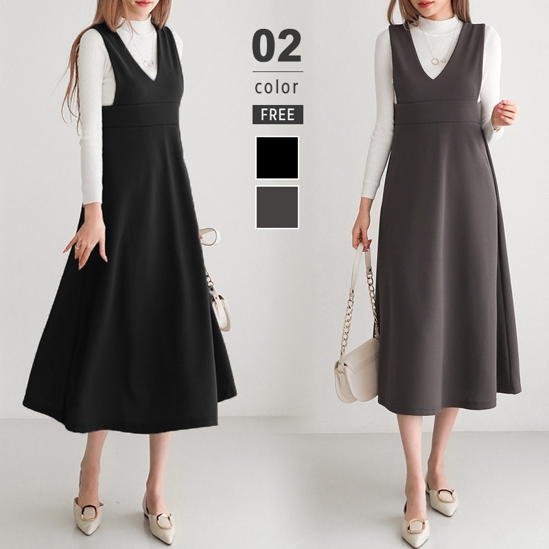 【9/25！クーポンで2,600円】 ジャンパースカート vネック ワンピース 春 夏 ノースリーブ ジャンスカ ワンピ レディース 大きいサイズ 体型カバー お腹カバー フレア ハイウエスト 低身長