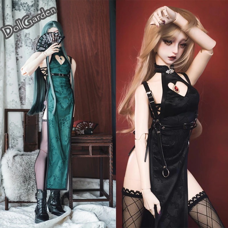 BJD 1/4 1/3 ドール服 セクシーチャイナドレス4点セット 黒 緑 ロング丈/ショート丈 HID/ID75/70cm/PP68/SD/MSD/kumakoサイズ球体関節人形用衣装セット