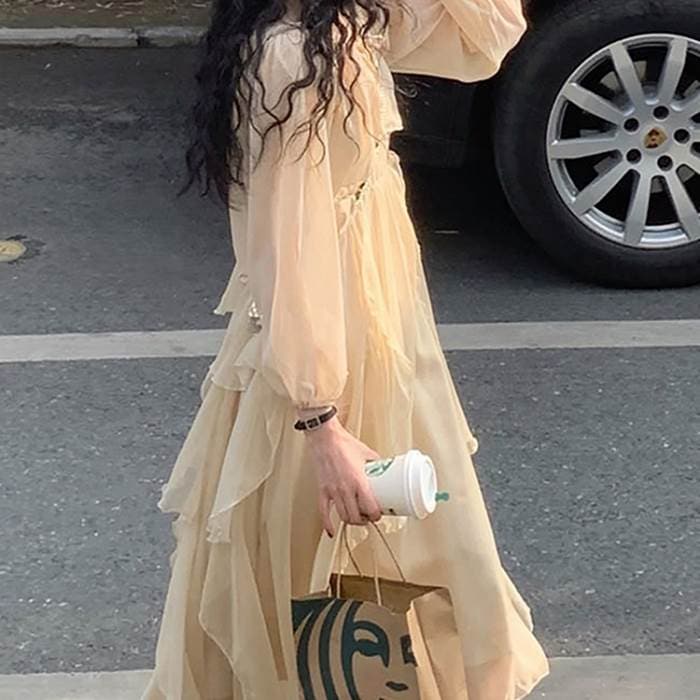 セットアップ ワンピース ドレス 上下セット レディース ロング丈 ワンピ Aライン フレア 長袖 トップス シフォン フリル かわいい 大人可愛い ベージュ きれいめ 大人 レトロ 可愛い ラブリー