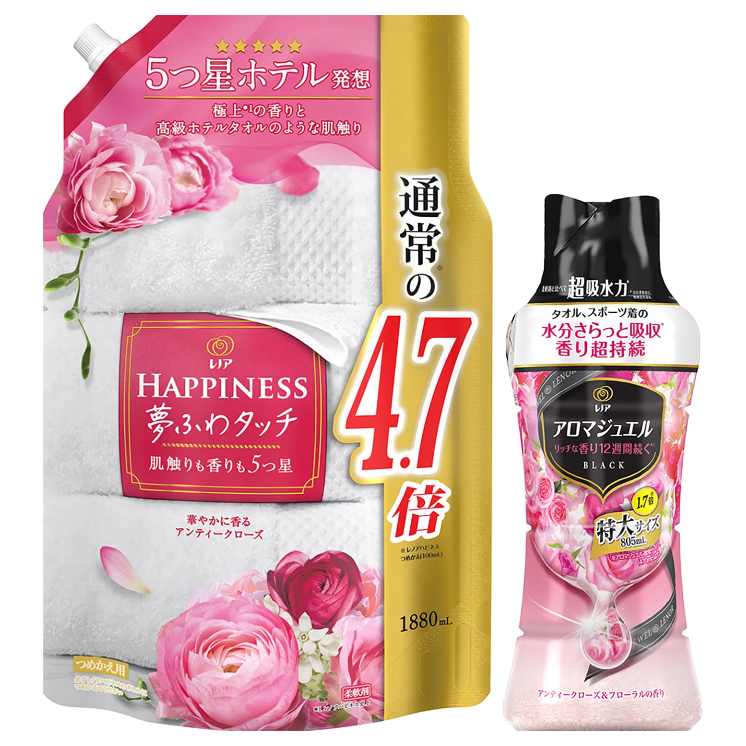 【まとめ買い】【柔軟剤+ビーズ】 レノア ハピネス 夢ふわタッチ 柔軟剤 アンティークローズ 詰め替え 1880mL + アロマジュエル 香り付