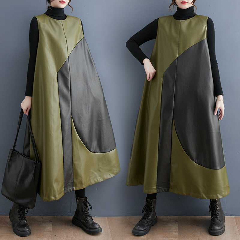 2024秋新品 欧美風 袖なし ワンピース ロングベスト ベストワンピース 大きいサイズ 体型カ