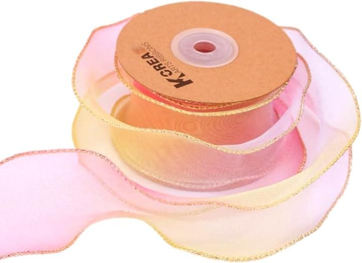 レインボー オーガンジーリボン 幅5cm 金縁 テープ ギフト ラッピング 手芸(レインボー１, 45ｍ)