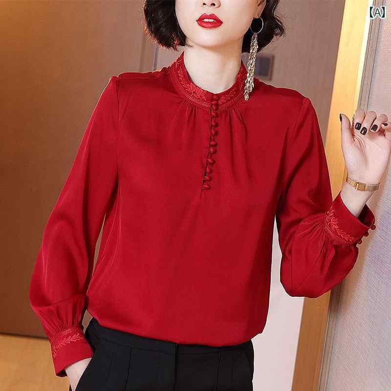 レディース シャツ マルベリー 赤 ブラウス スタンドカラー 刺繍 ボタン 上品 きれいめ 高貴感 オフィス 還暦 カジュアル ランチ 外出着 旅行 ママコーデ