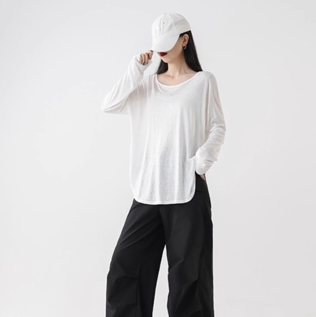 レディース トップス ロンT 長袖 ラウンドネック ストレート ストリート 透け感 大人可愛い シンプル カジュアル かっこいい ラフ ボーイッシュ スポーティー ルーズ クール 存在感 キュート