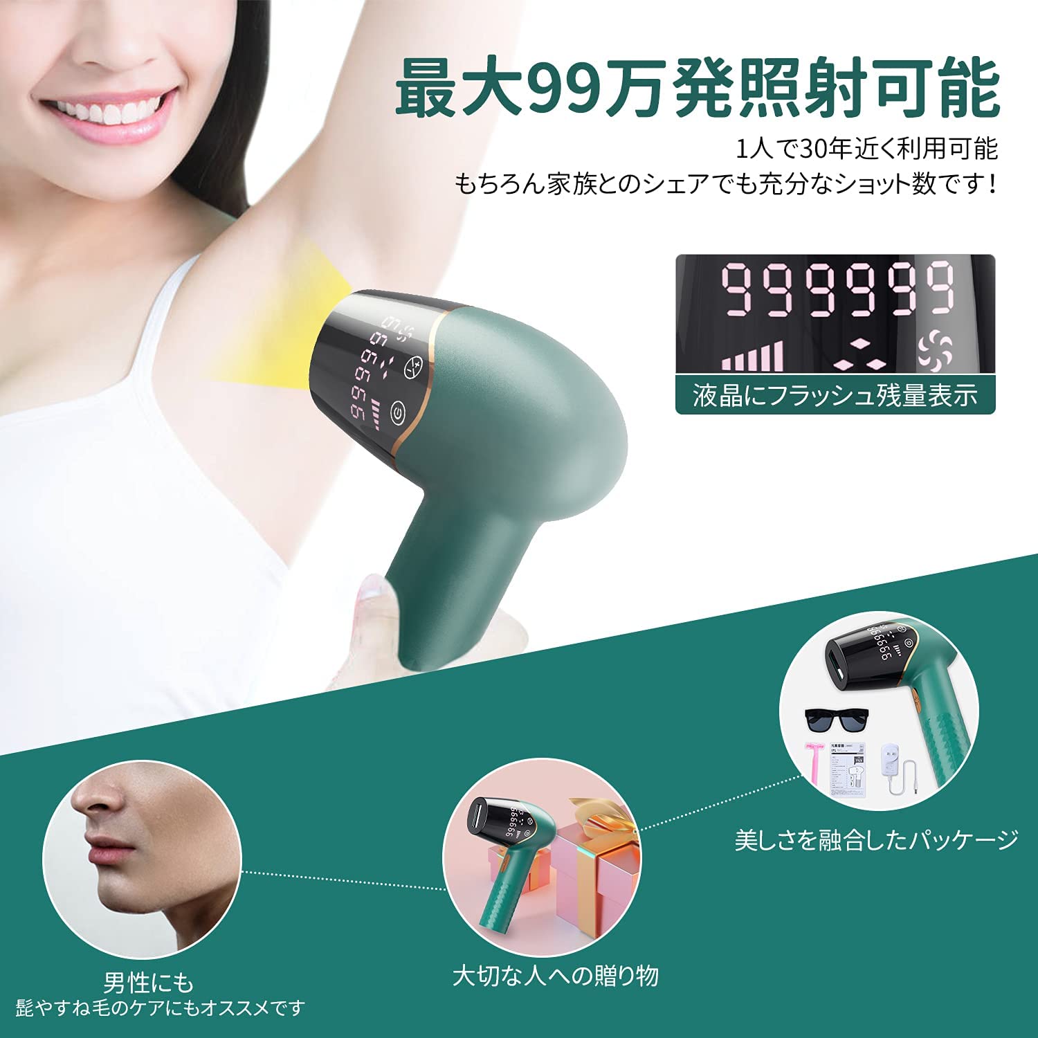 脱毛器 IPL光脱毛器 家庭用 脱毛 99万回照射 5段階調整 VIO 全身脱毛 ムダ毛処理 お肌に優しい 自動手動照射 永久脱毛 光美容器 自宅 全身用 ムダ毛ケア ひげ ワキ 腕 足 男女兼用