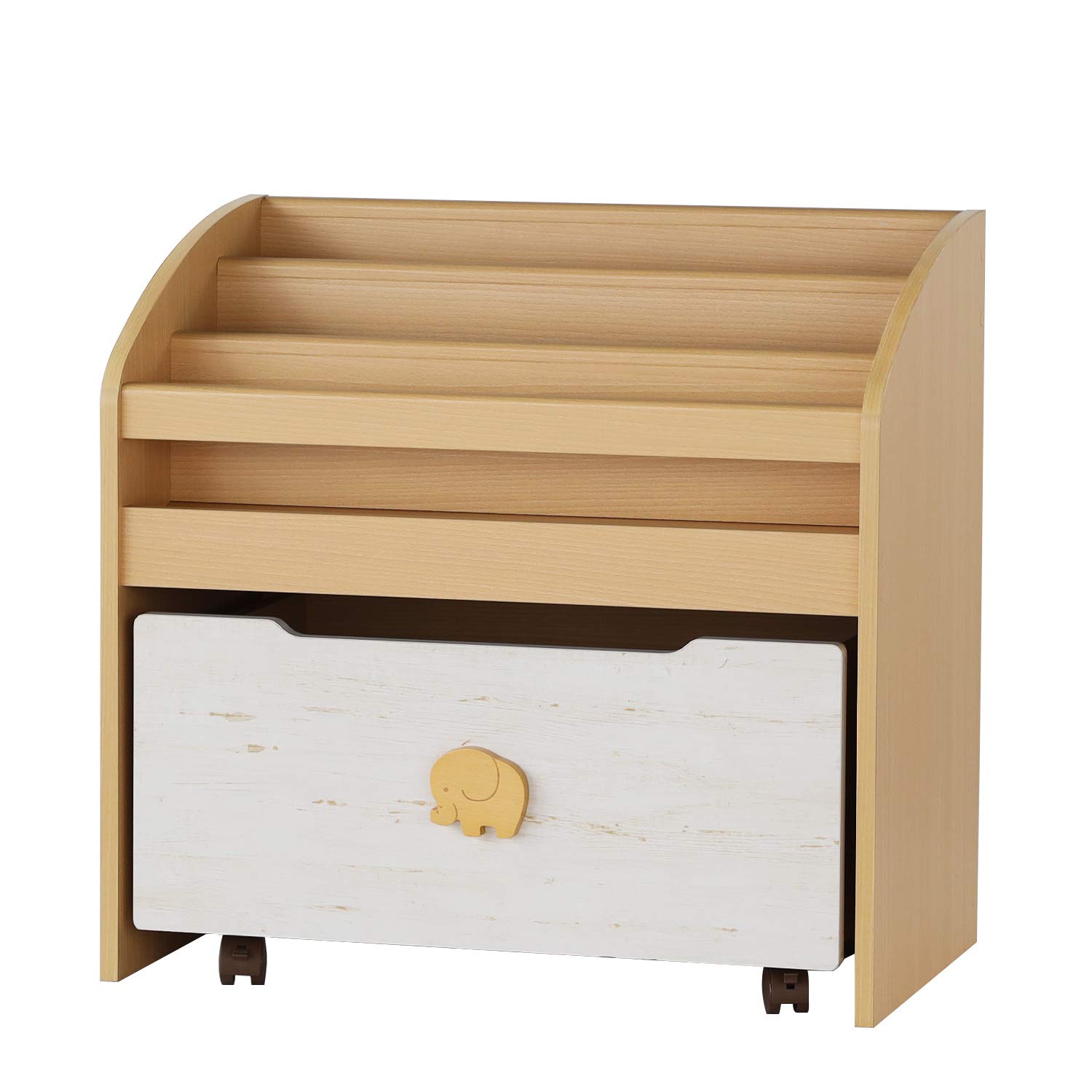 白井産業 表紙が見える 絵本棚 ラック おもちゃ箱 キャスター付き子供 収納 木製 リビングに置ける北欧テイスト かわいい ゾウのオーナメント ナチュラルブラウン 幅73.3 高さ69.6 奥行39.