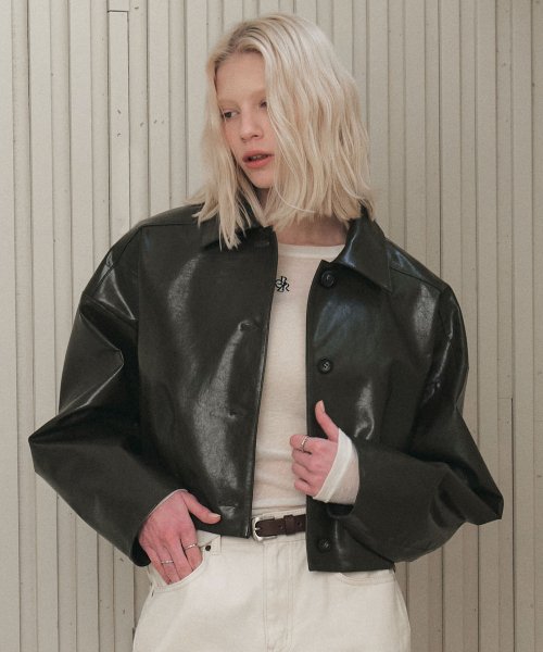 シティブリーズビーガンレザークロップジャケット_カーキ