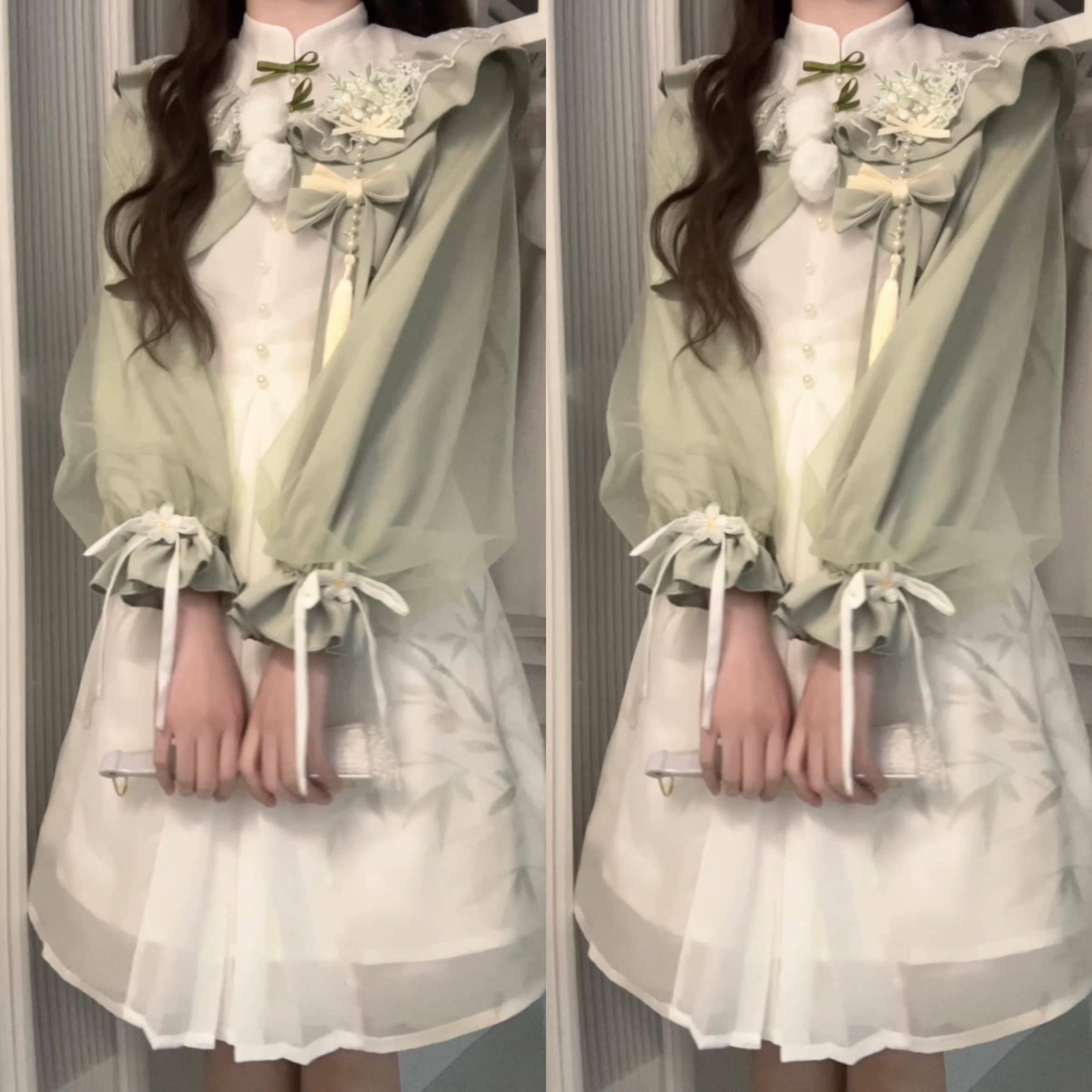 正規品デザイン青梅緑茶新韓国cos要素ワンピースコートセット少女