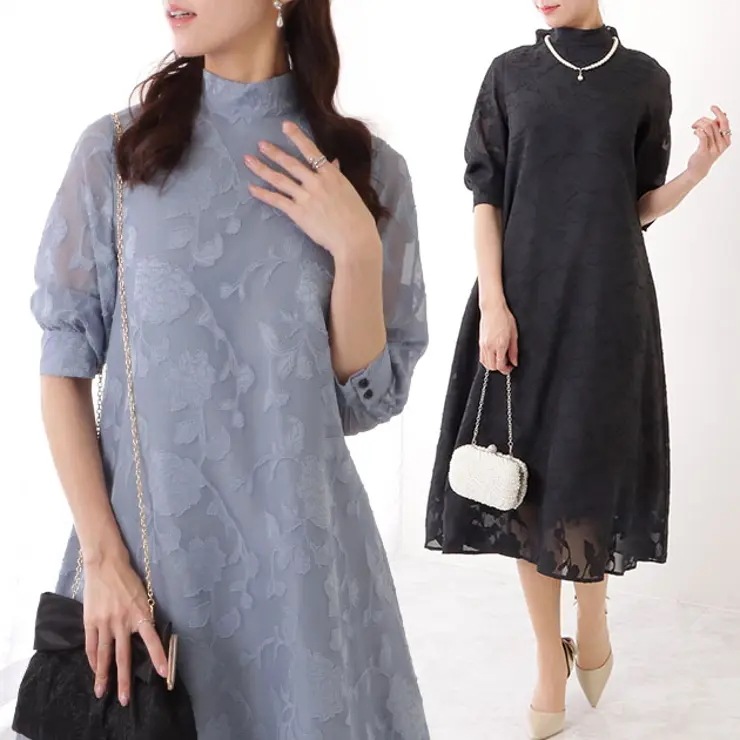 バックリボン 総レース プチハイネック Aライン ワンピース 女性 レディース ドレス スカート 春 夏 秋 冬 5分袖 スタンドカラー オールシーズン 花柄 フラワー フェミニン 華やか エレガント