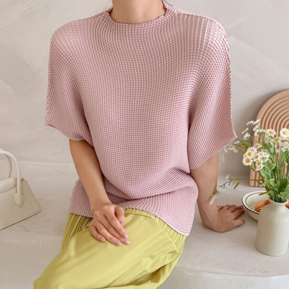 ショップアン プリーツ レディース 国内産 フェイクレザー ネック ビッグサイズ ガウリーフィット 半袖 Tシャツ BLE-WSH-3592