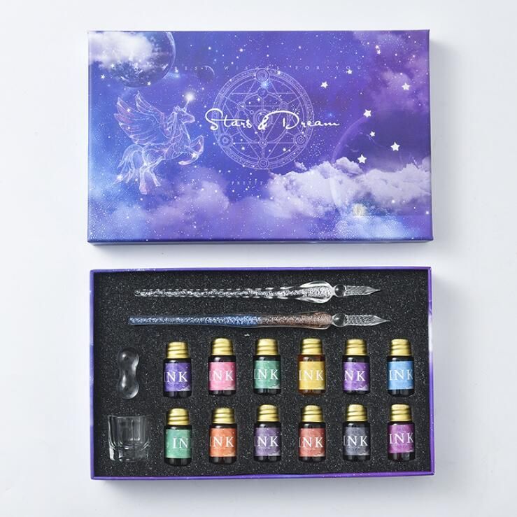 高品質新入 ペン2*本体 ガラスディップ インクセット レインボークリスタル ガラスペン 署名 書道 装飾用 12種類のインク