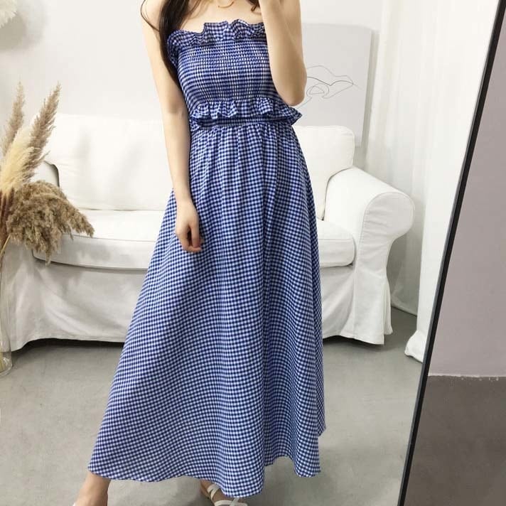 3149.ギンガムチェックセットアップ（ブルー）2019 春夏 sale スカート ワンピース風 お出かけ 100,000円