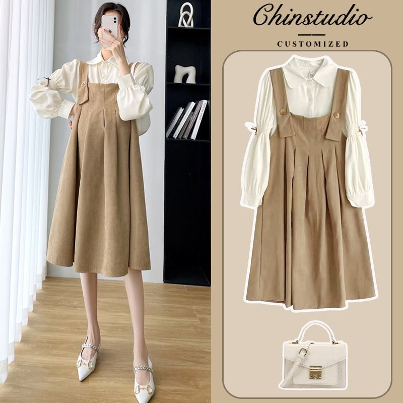 妊婦春服ワンピースセットファッションモデル外出ネット赤2点セット早春妊婦服春秋モデル背もたれスカート51851087810878