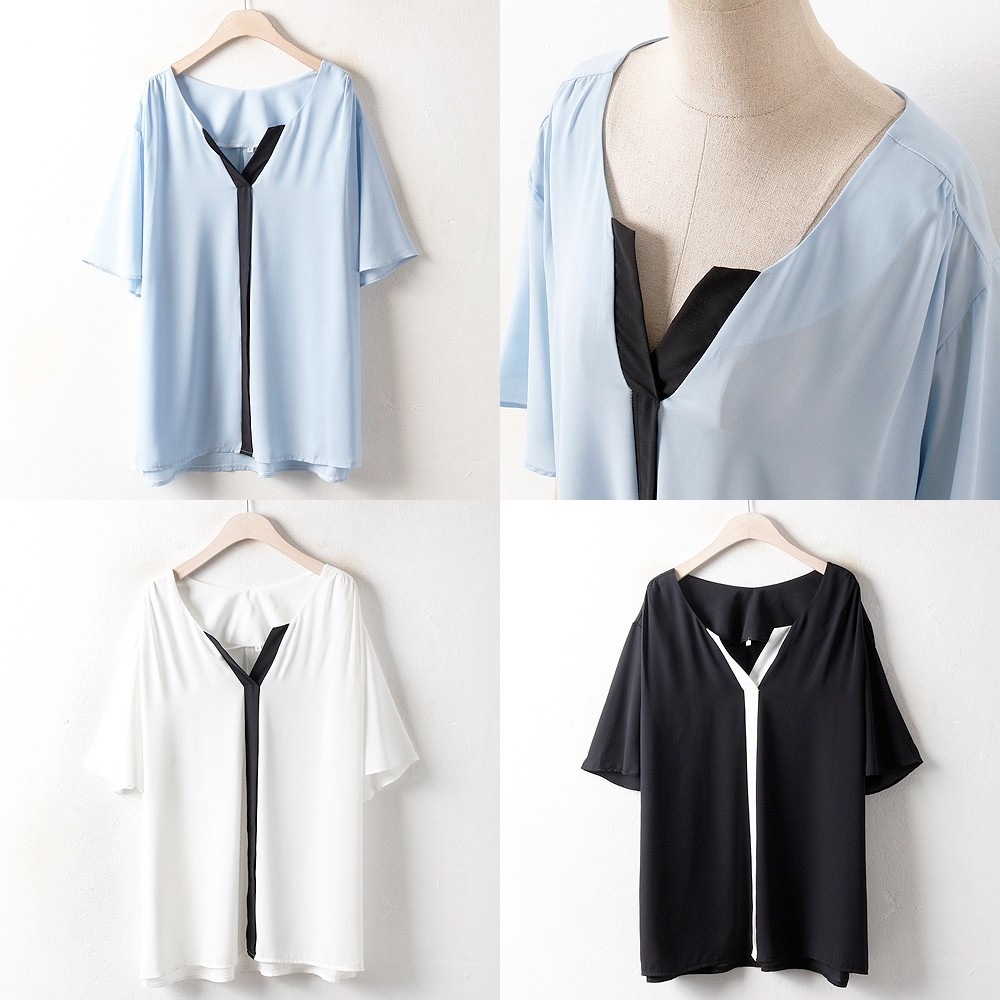 韓国ファッション大きいサイズWWひらき配色ブラウス（2781H807）ビッグ女性服ロングルーズフィット korea fashion bigsize 5,051円