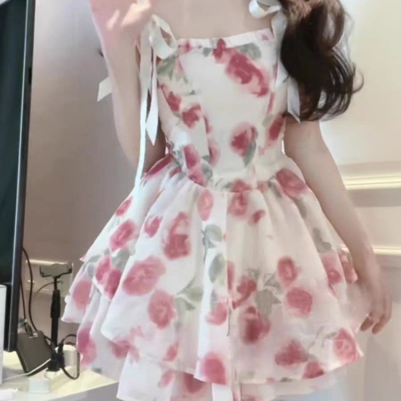 【1つ買うと10つ無料】甘い花柄のスリングドレス女性サマープリンセススカートピュアウエストパフスカート