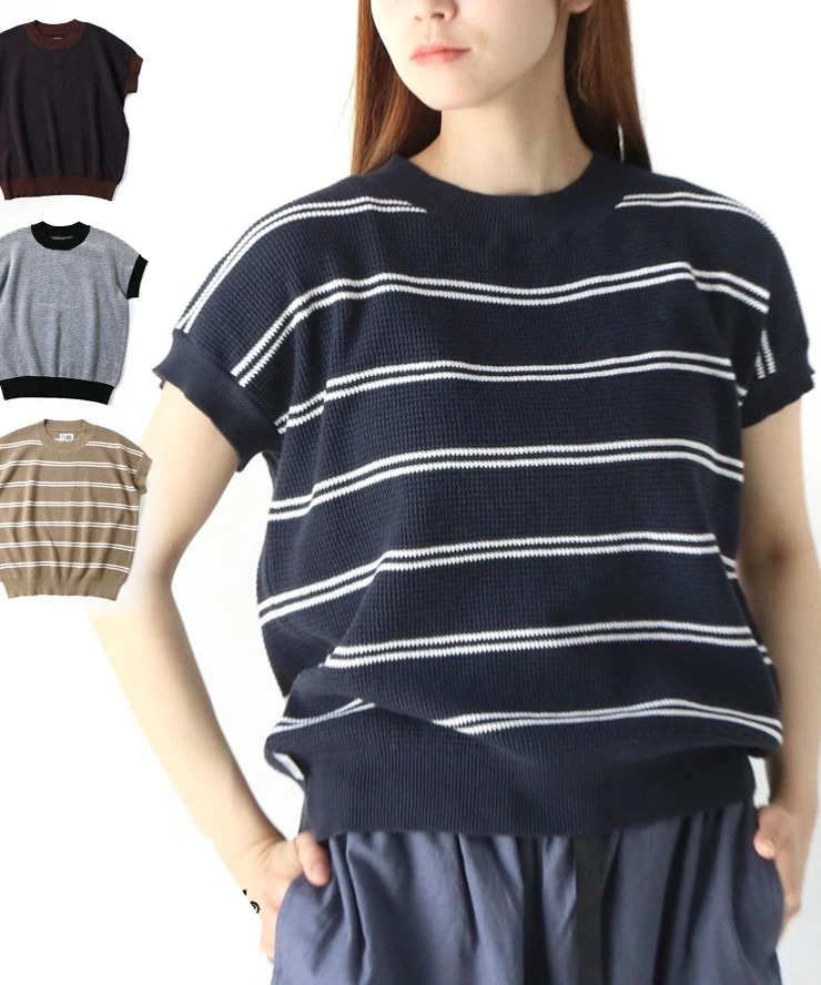 カットソー レディース Tシャツ レディース ハイゲージ ニットボーダー フレンチスリーブ Tee G521753