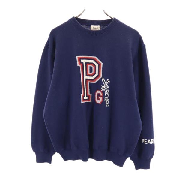 日本製 ウール100％ ゴルフ 長袖 ニット L ネイビー系 セーター ロゴ メンズ