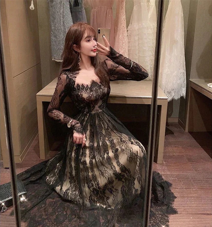 新しい フランス レディース ヴィンテージ快適です レース ロングスカート 気質 ブラック 仙女 ドレス30%制限