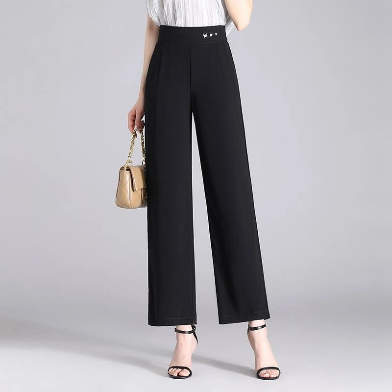 レディース ファッション おしゃれ 上品 シンプル シフォン ワイドレッグ パンツ 夏 薄手 涼しい 涼しい ハイウエスト カジュアル パンツ 小柄 ドレープ ブラック ストレート パンツ