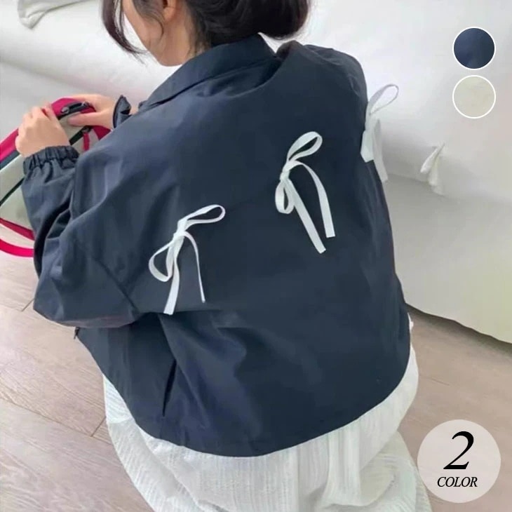 バックリボン ジャケット レディース ショート丈 カジュアル リボン ショートジャケット アメカジ ストリート アウター 羽織り お洒落 リボンジャケット 韓国ファッション