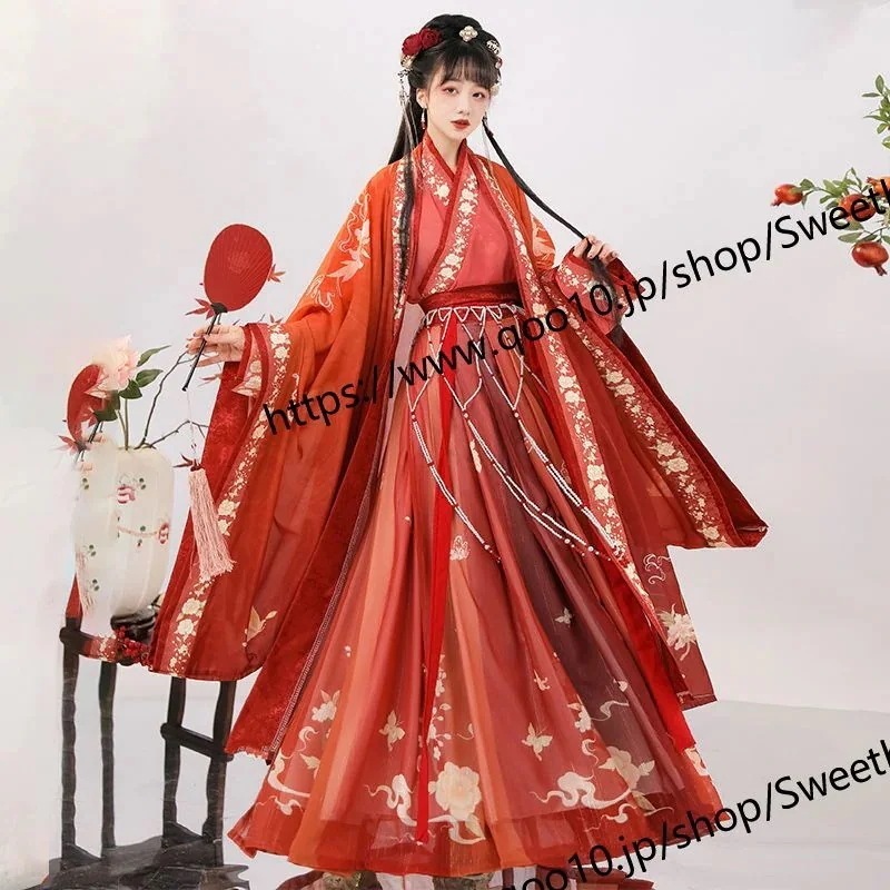 漢服女風宋製赤色交襟大袖衣時代劇腰丈スカートクリスマスハロウィン コスプレ スカート ロリスーツ ロリ可愛 二次元 学園祭 文化祭