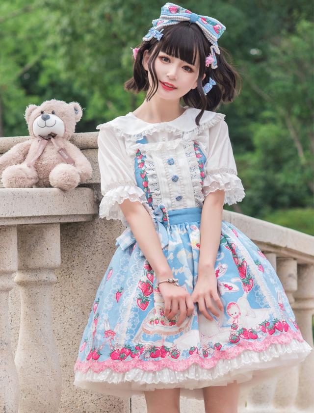 【全店任意2枚購入で100円OFF】甘いロリータJSKドレスライトスカイブルーノースリーブポリエステルプリントロリータジャンパースカート