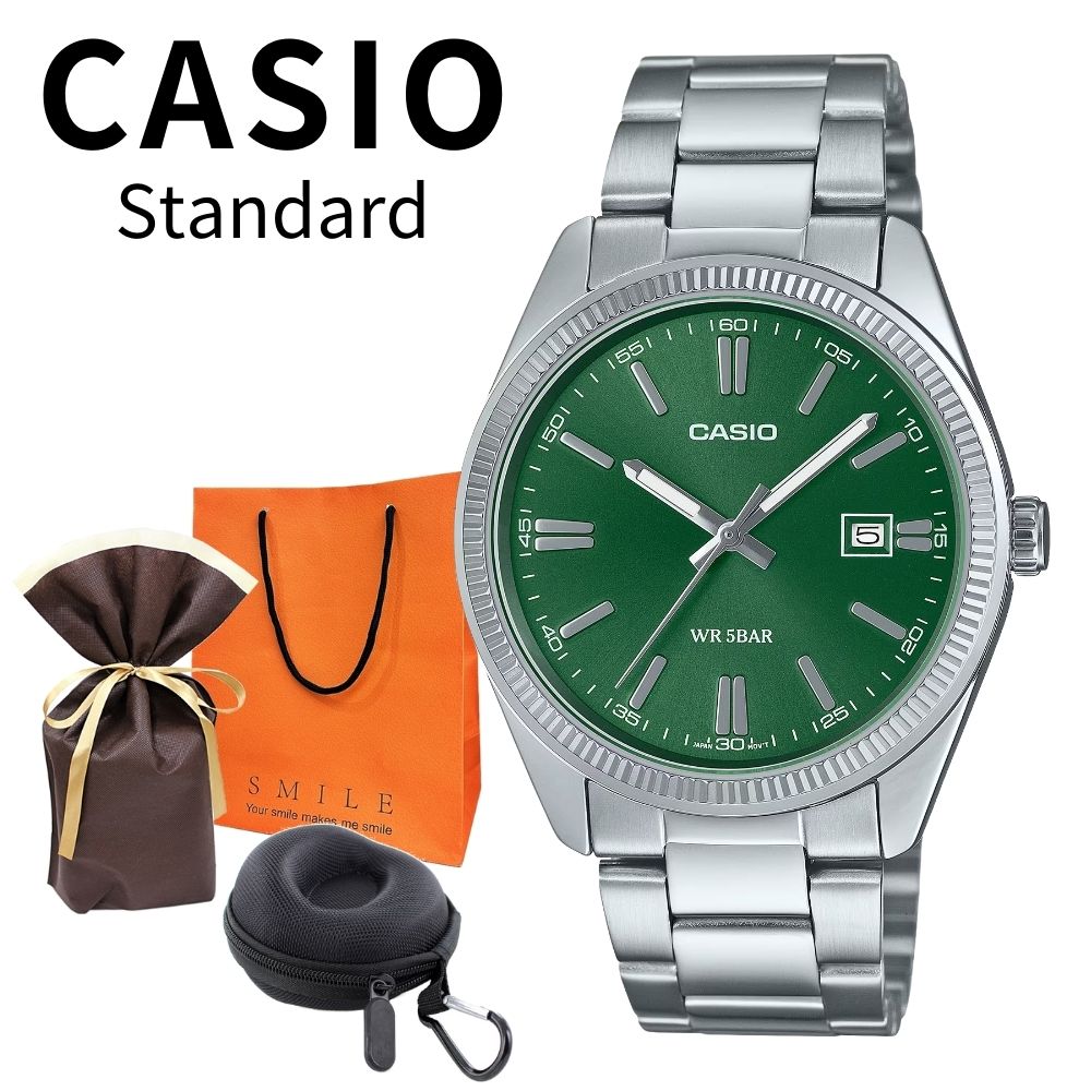 ラッピング済 ギフトセット 正規品 カシオ スタンダード 腕時計 メンズ 父の日 収納ケース付き シンプル アナログ 日付表示 ステンレス 防水 グリーン シルバー ビジネス フォーマル 男性 ギフト