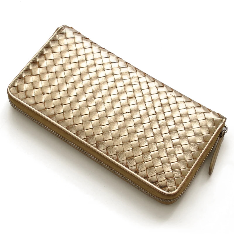 【新規OPEN】【期間限定セール】【激安】【新品未使用】シープレザー羊革 金 編み込みイントレメッシュ ラウンドロングウォレット E-031M
