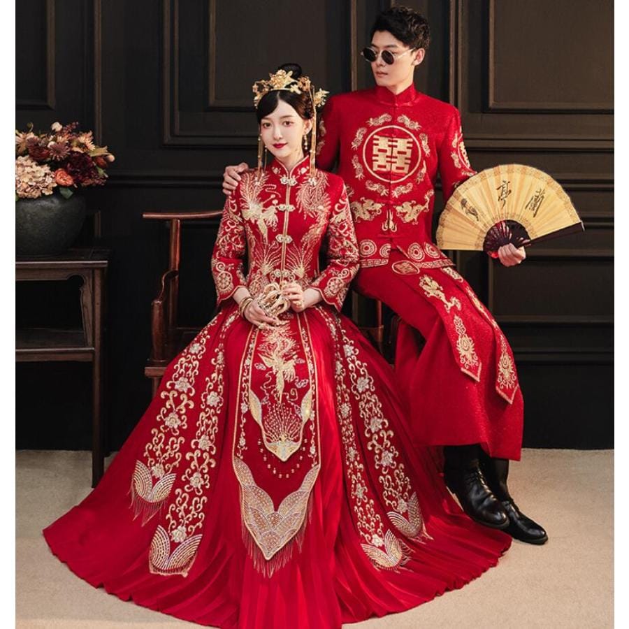 中華服 チャイナ風 ウェディングドレス メンズ レディース チャイナ服 上下2点セット 中国風 結婚式 ドレス 長袖 前開き チャイナ服 ロングスカート 金色な刺し30%までに制限