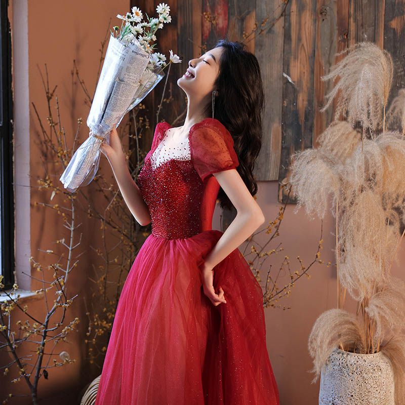 結婚式ドレス 二次会ドレス ゲストドレス ワイン赤 ロング Aライン チュール ドレス 結婚式 二次会 パフスリーブ 可愛い ロングドレス パーティードレス ビーズ キラキラ イブニングドレス XS