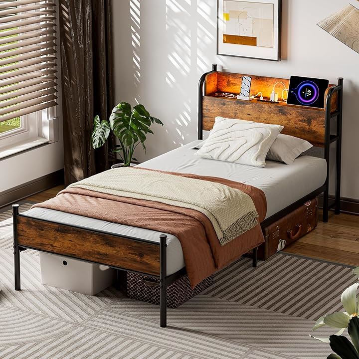 ベッドフレーム パイプベッドSD 2口コンセント＆USB充電付き セミダブルベッド スチールベッド すのこベッド 収納宮棚付き LEDライト付き 頑丈(ビンテージ, セミダブル) 17,850円