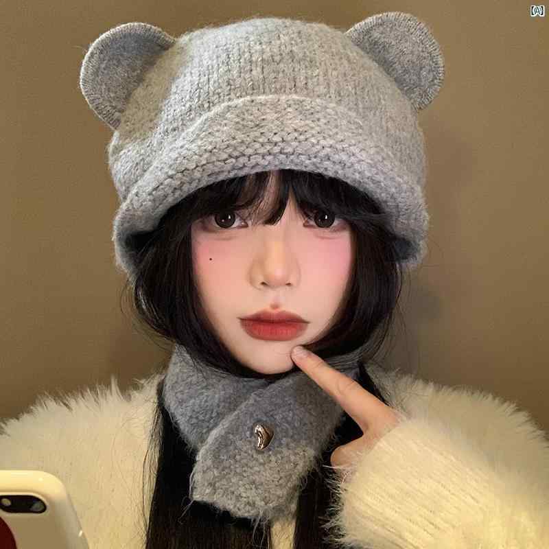 レディースファッション ファッション小物 オシャレ かわいい 小柄 クマ 耳 グレー ニット 帽 秋　冬 暖かい 耳保護 ウール 帽子 顔