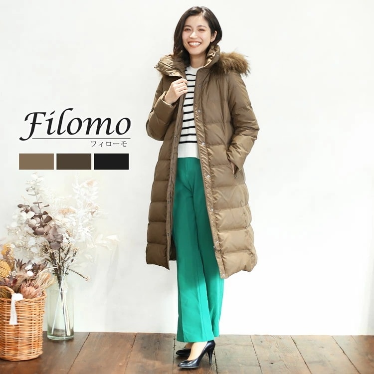 ダウンコート レディース ロング ダウン90% ラクーン ファー フード付き Filomo ブランド 100cm きれいめ ダウン コート ロングコート ロング丈コート ベンチコート レディースダウン