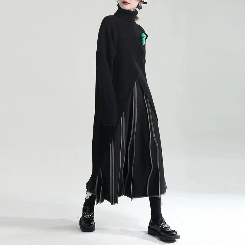 韓国レディースニットワンピース黑白長袖ロングスカートセクシースリットカジュアルファッション